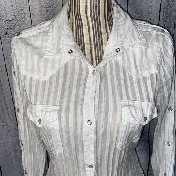 Bailey/44 Striped Print Casual Snap Button Down Shirt with Snap Closure Arms - Picture 2 of 11